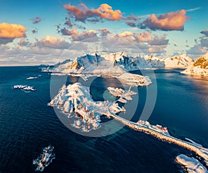 View from flying drone of Reine and Sakrisoy villeges. Most popular tourist destination on Lofoten Island.