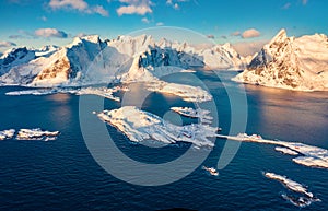 View from flying drone of Reine and Sakrisoy villeges. Most popular tourist destination on Lofoten Island.