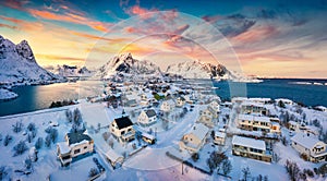 View from flying drone of Reine village, Moskenesoya island, Norway, Europe