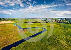 View from flying drone. Spectacular morning view of Seret river, Ternopil region, Ukraine, Europe.