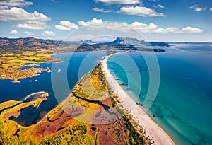 View from flying drone. Stunning spring view of La Cinta beach. Splendid morning scene of Sardinia island, Italy, Europe. Aerial M