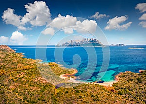View from flying droneof Spiaggia Del Dottore beach. Aerial morning scene of Sardinia island, Italy, Europe. photo