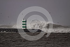 View of flying seagulls over pier and beacon under heavy sea storm