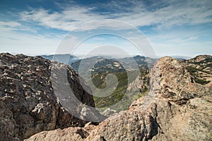 View of Foggy Malibu and the Pacific Ocean from the Summit of Sandstone Peak, Santa Monica Mountains National Recreation Area, CA photo