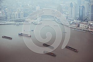 View on foggy Shanghai river from above