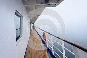 View of foggy shoreline from outside deck of cruise ship, Antarctica