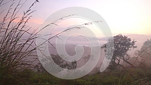 View of foggy sunrise on the Little Adam's Peak in Ella, Sri Lanka