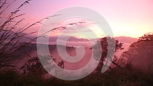 View of foggy sunrise on the Little Adam's Peak in Ella, Sri Lanka