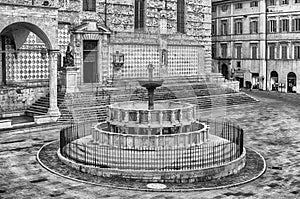 View of Fontana Maggiore, scenic medieval fountain in Perugia, I