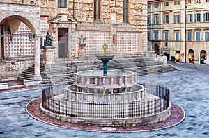 View of Fontana Maggiore, scenic medieval fountain in Perugia, I