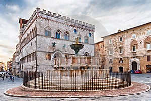 View of Fontana Maggiore, scenic medieval fountain in Perugia, I