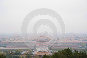 View of the Forbidden City shrouded in pollution from Jingshan Park, Beijing