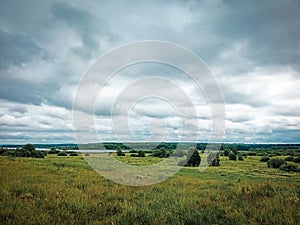 A view of the forest, bay, and overcast sky.