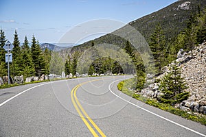 View of forest, mountains, road from Whiteface Mountain in the State New York  USA