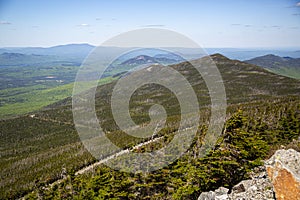 View of forest, mountains, road from Whiteface Mountain in the State New York  USA