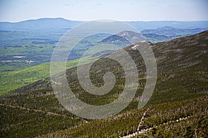 View of forest, mountains, road from Whiteface Mountain in the State New York  USA