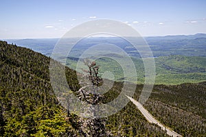 View of forest, mountains, road from Whiteface Mountain in the State New York  USA