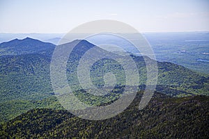 View of forest, mountains, road from Whiteface Mountain in the State New York  USA