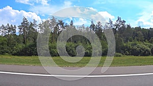 View of the forest from the window of a fast moving car on the road