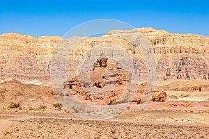 View form below on Spiral Hill rocky mountain in Timna National Park in Southern Aravah Valley desert in Israel