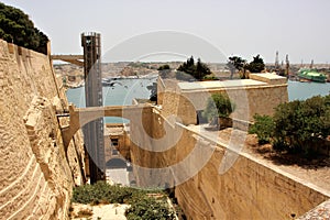 View of the former moat and walls in Valletta, Malta.
