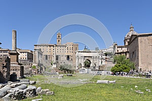 View of the Foro Romano with the Tabularium and Arco di Settimio Severo in Rome