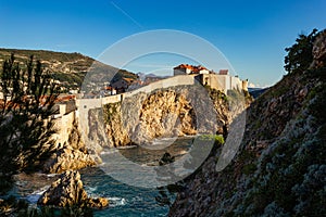 View of Fort Bokar, the city`s ancient walls and the west harbor. Dubrovnik, Croatia