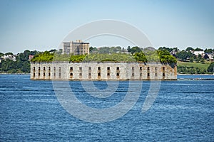 view of Fort Gorges from the boat in Portland, Maine