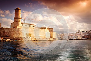 View of Fort St. Jean and the city of Marseille with the sea