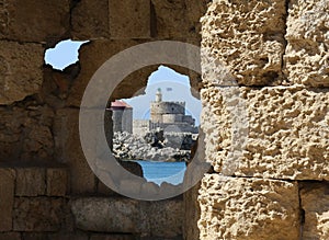 View on the fortress in Rhodes from the hole in wa