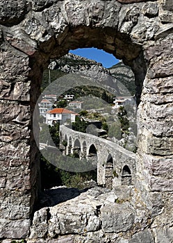 View from the fortress to the old aqueduct in old Bar, Montenegro