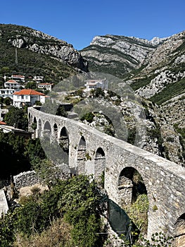 View from the fortress to the old aqueduct in old Bar, Montenegro