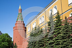 View of the fortress wall and the Corner Arsenal tower of the Moscow Kremlin on a Sunny spring day