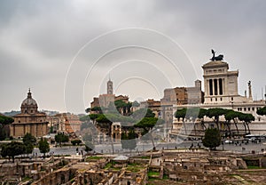 View of the forum of Trajan, the portico of the Quadriga and the monument to Victor Emmanuel II in Rome, Italy