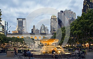 View of fountain and architecture at Bryant Park NYC