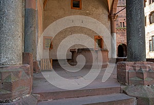 View of the fountain hall of Heidelberg Castle with granite columns from Roman times. Baden Wuerttemberg, Germany, Europe