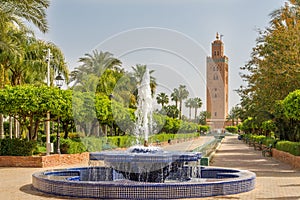 View at the fountain with Koutoubia minaret in Marrakesh ,Morocc