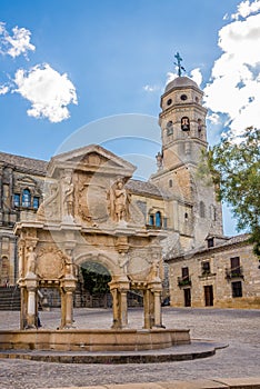 View at the fountain of Santa Maria with Cathedral of Baeza - Spain