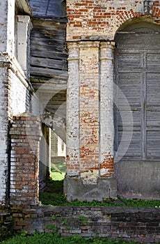 A fragment of the bell tower of a medieval church in Pereslavl-Zalessky, Russia in the process of restoration
