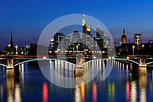 View of Frankfurt am Main skyline at sunset in Germany