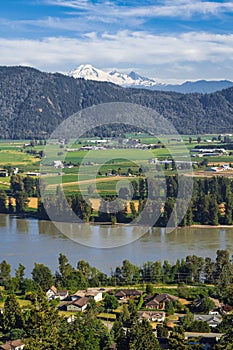 View of the Fraser Valley near Abbotsford BC. Summer in the Fraser Valley. Canadian homestead. Rural agricultural land