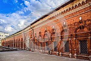 View of the fraternal cells and a fragment of the interior of the courtyard of the High Petrovsky Monastery. Moscow, Russia.