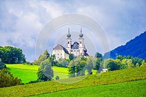 View of the Frauenberg pilgrimage church on the Enns and the surrounding landscape.