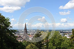 View of the Freiburg Minster, the cathedral of Freiburg im Breisgau, southwest Germany.