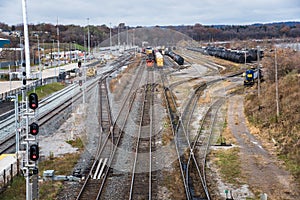 View of Freight Train Terminal on an Autumn Day