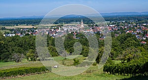 View from Fremersberg to the town of Sinzheim with the Rhine valley near Baden Baden. Baden Wuerttemberg, Germany