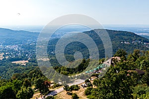 View from the Fremersberg tower of the MerkurstÃÂ¼ble restaurant located on the top of MerkurBergbahn. The main attraction of the c photo