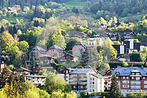 View of french alps mountain  and Saint-Gervais-les-Bains village photo