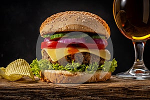 View of fresh tasty burger with glass of beer on wooden rustic table. Food background