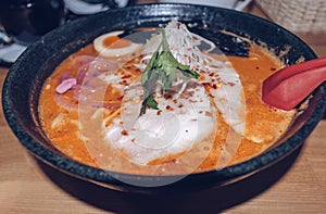 View on freshly served kimchi ramen